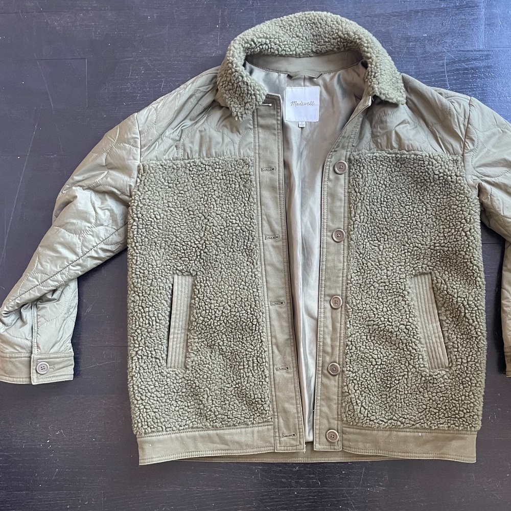 Madewell Green Sherpa & Puffer Sleeve Button Jacket